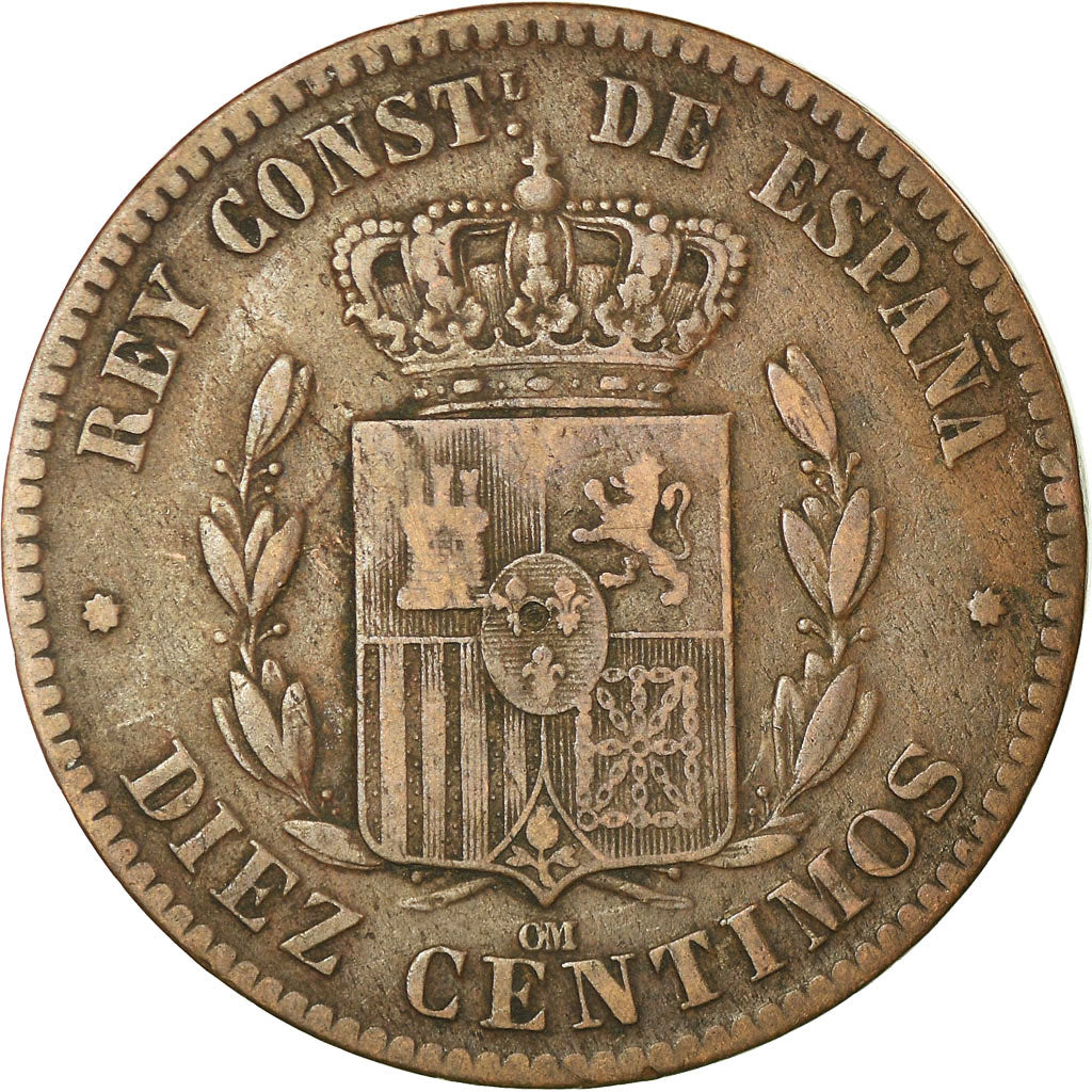 Coin, Spain, Alfonso XII, 10 Centimos, 1879, Barcelona, VF(30-35), Bronze