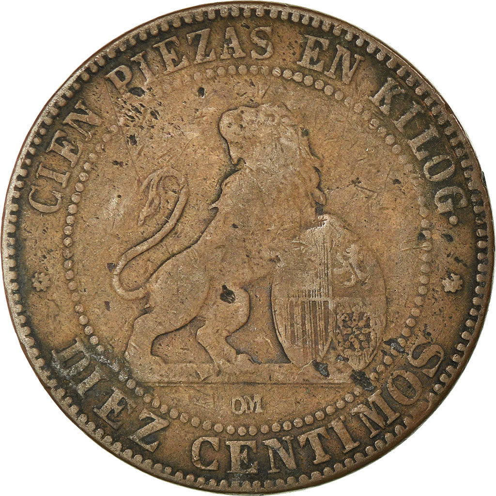 Coin, Spain, Provisional Government, 10 Centimos, 1870, Barcelona, F(12-15)