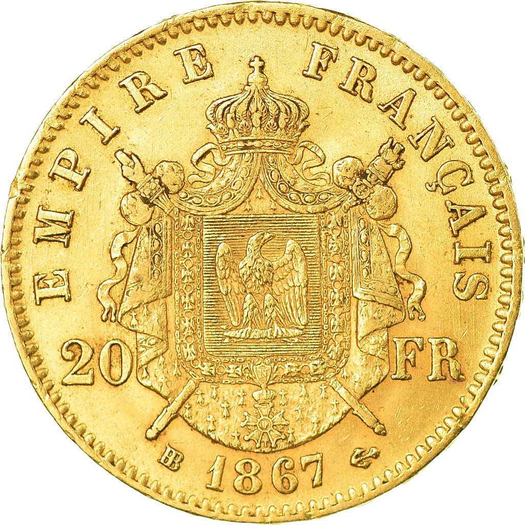 Moneta, Francia, Napoleon III, Napoléon III, 20 Francs, 1867, Strasbourg, BB+