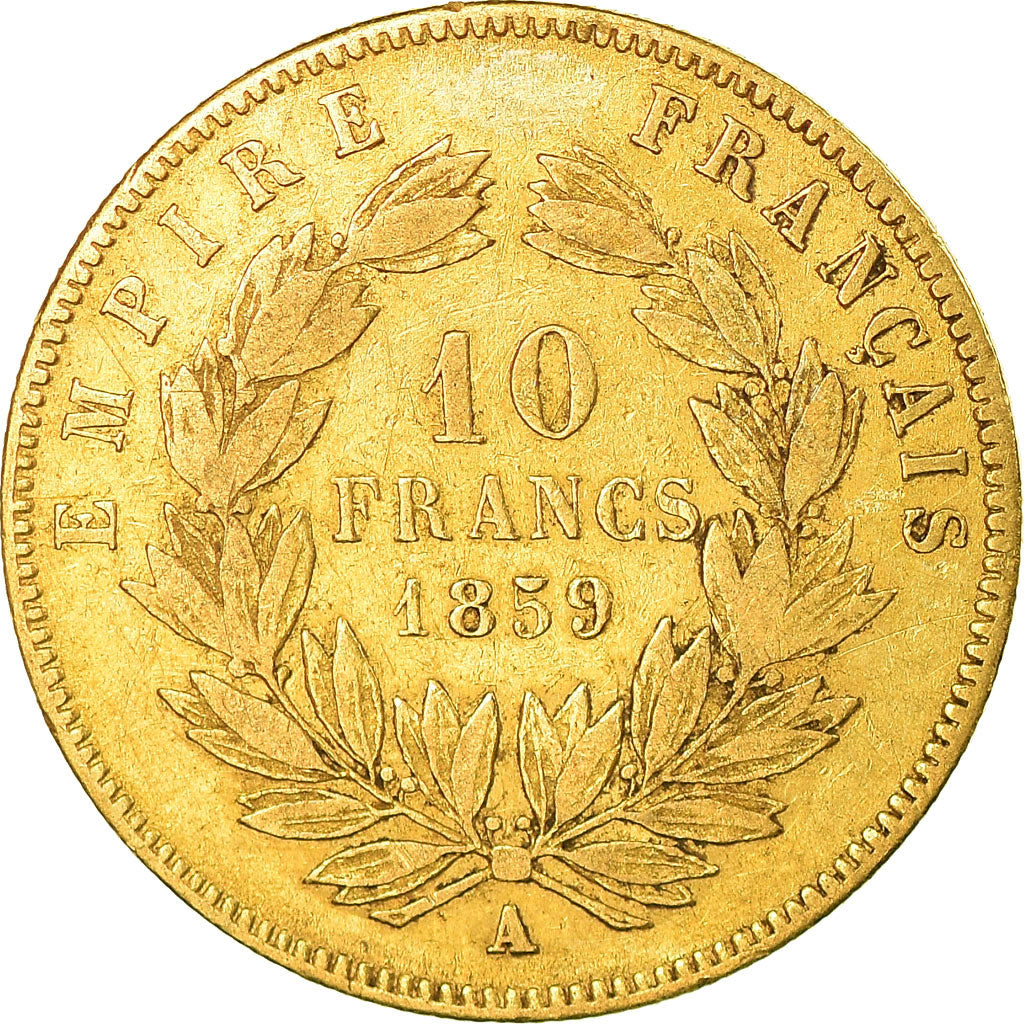 Moneda, Francia, Napoleon III, 10 Francs, 1859, Paris, BC+, Oro, KM 784.3