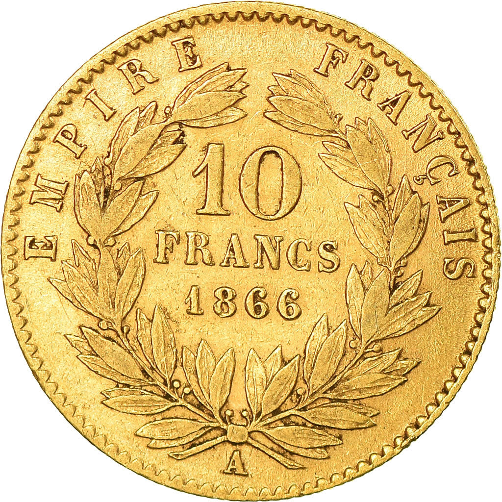 Moneta, Francia, Napoleon III, 10 Francs, 1866, Paris, MB+, Oro, KM:800.1