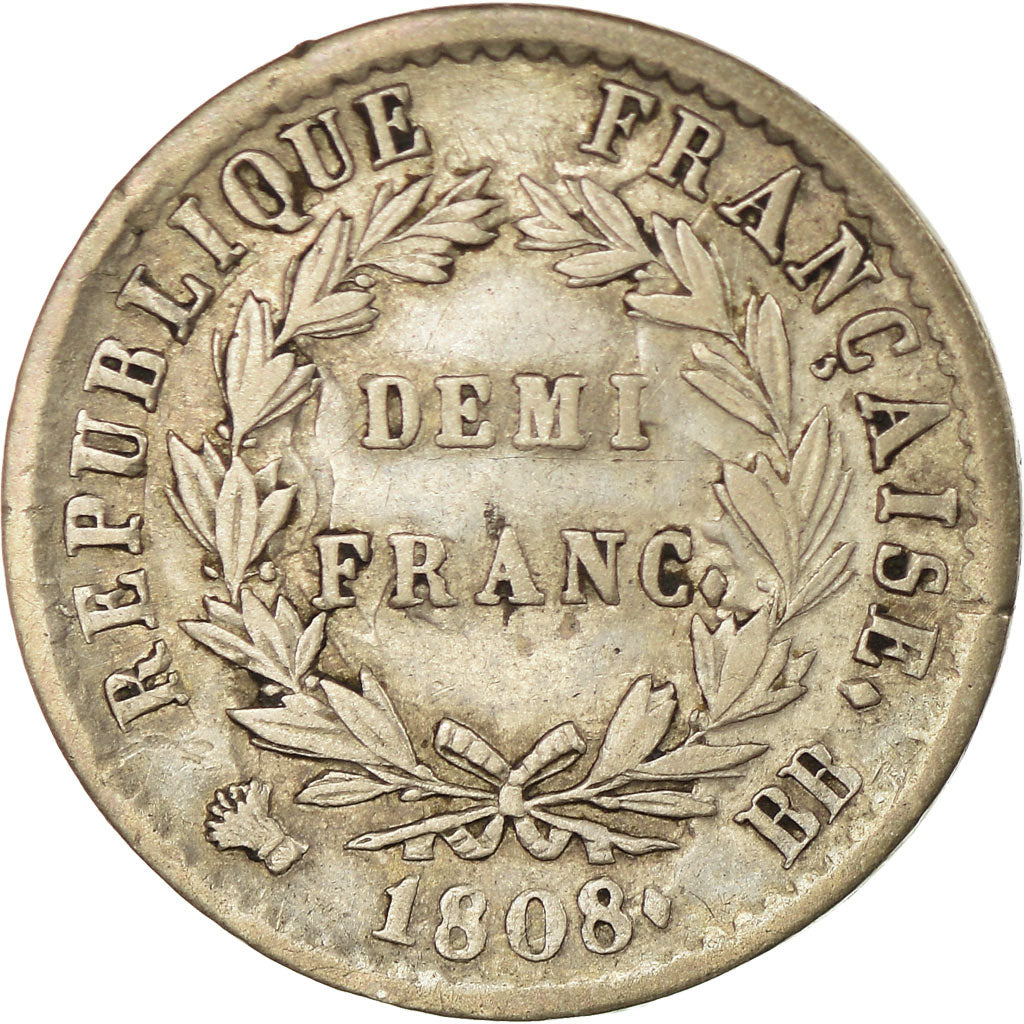Coin, France, Napoléon I, 1/2 Franc, 1808, Strasbourg, EF(40-45), Silver