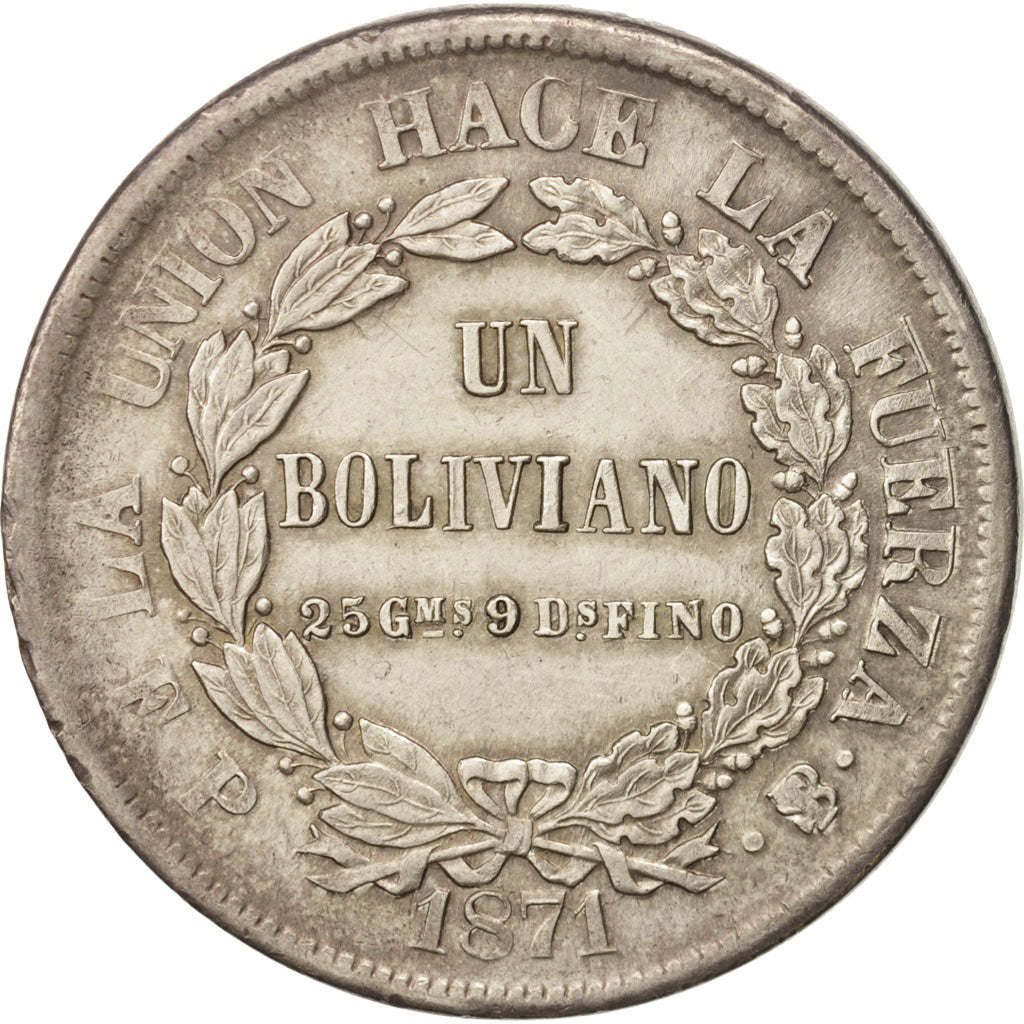 Coin, Bolivia, Boliviano, 1871, AU(50-53), Silver, KM:155.3