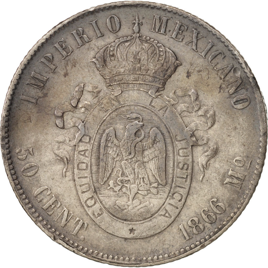 Coin, Mexico, Maximilian, 50 Centavos, 1866, Mexico City, VF(30-35), Silver