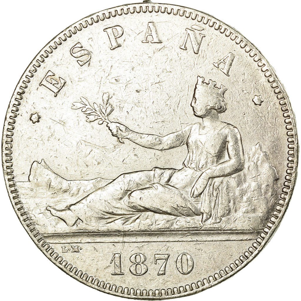 Moneda, España, Provisional Government, 5 Pesetas, 1870, Madrid, BC+, Plata