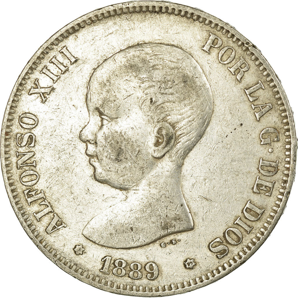 Moneda, España, Alfonso XIII, 5 Pesetas, 1889, Madrid, BC+, Plata, KM:689