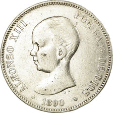 Moneda, España, Alfonso XIII, 5 Pesetas, 1890, Madrid, BC+, Plata, KM:689