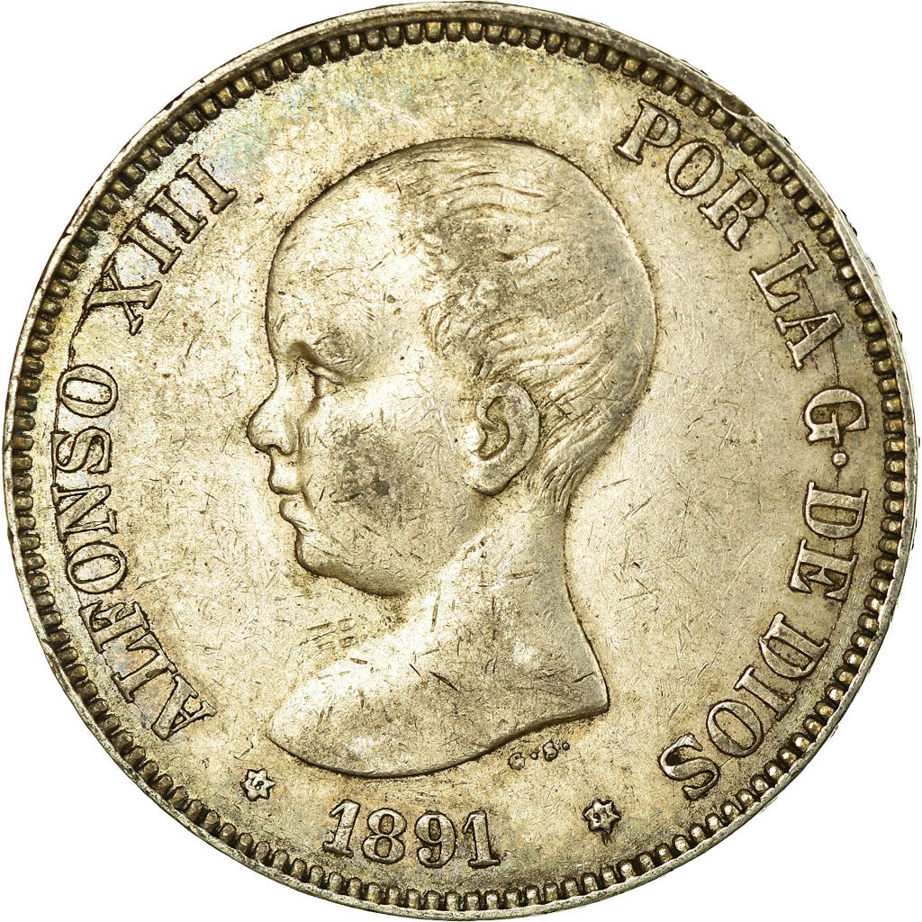 Coin, Spain, Alfonso XIII, 5 Pesetas, 1891, Madrid, EF(40-45), Silver, KM:689