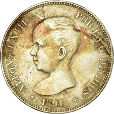 Münze, Spanien, Alfonso XIII, 5 Pesetas, 1891, Madrid, S+, Silber, KM:689
