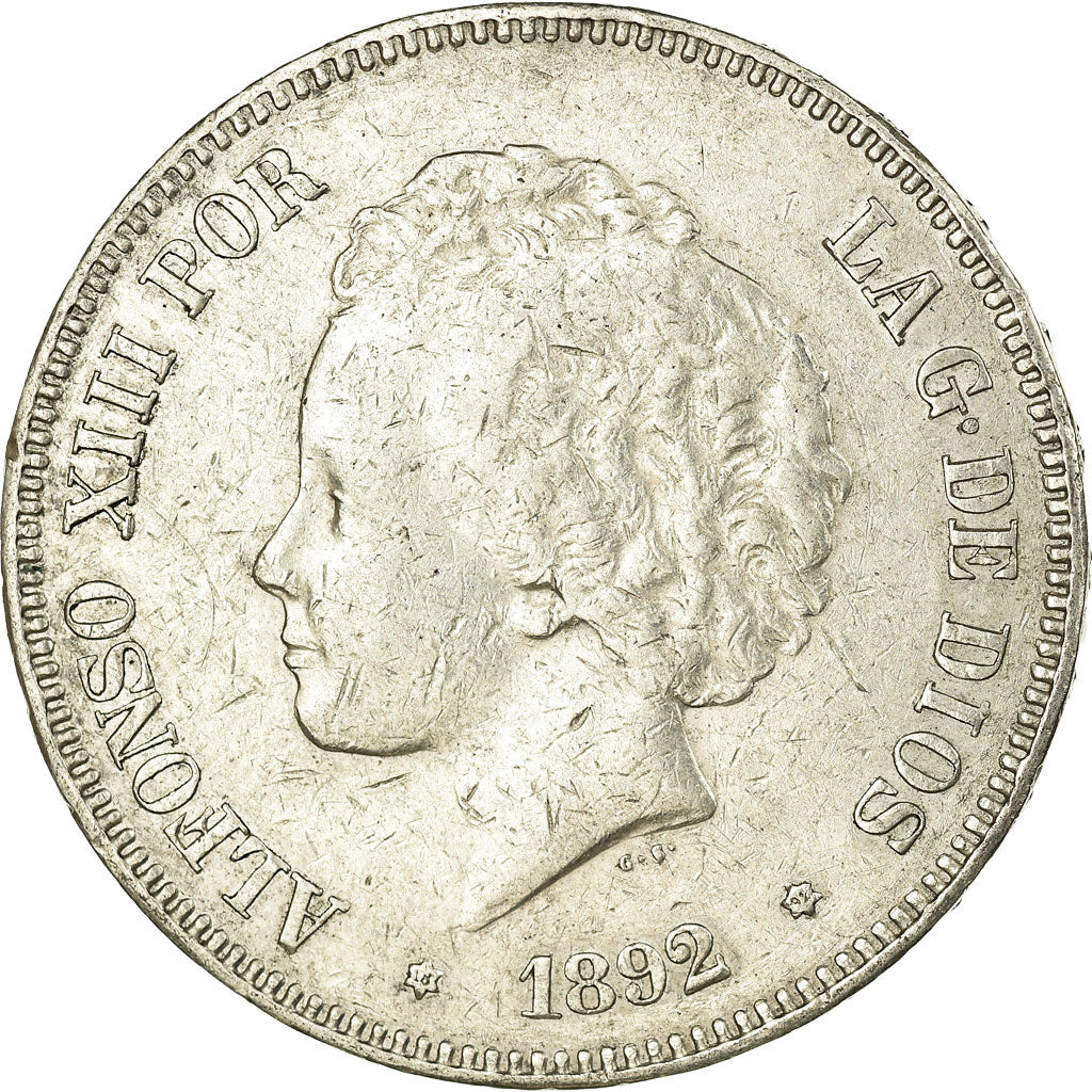 Münze, Spanien, Alfonso XIII, 5 Pesetas, 1892, Madrid, SS, Silber, KM:700