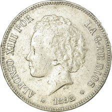 Münze, Spanien, Alfonso XIII, 5 Pesetas, 1892, Madrid, SS, Silber, KM:700