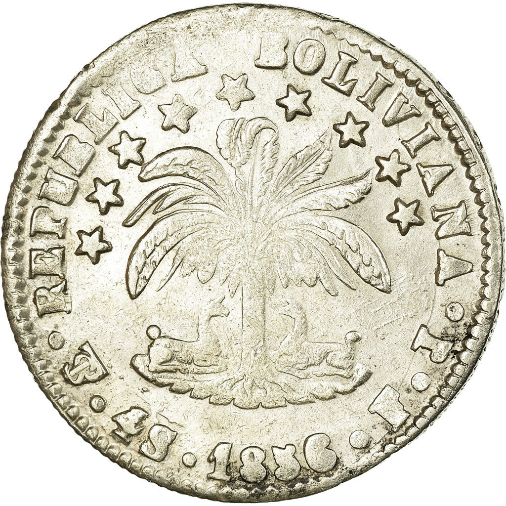 Moneda, Bolivia, 4 Soles, 1856, Potosi, MBC, Plata, KM:123.2