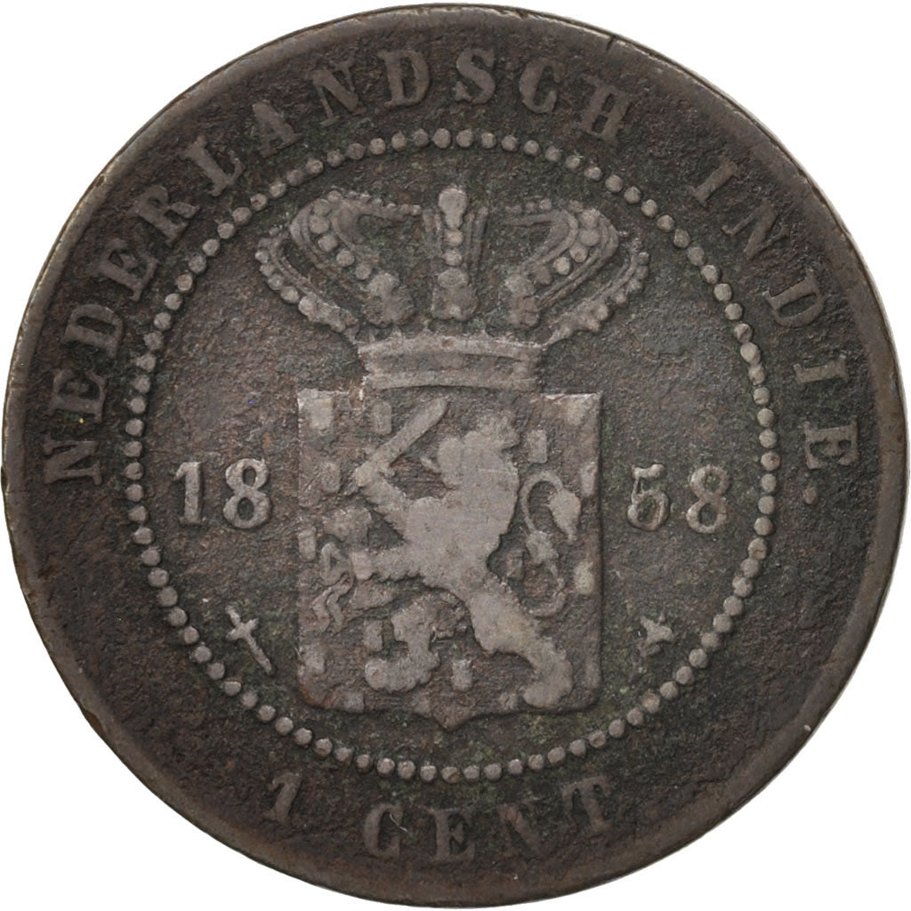NETHERLANDS EAST INDIES, William III, Cent, 1858, Utrecht, Caduceus, Copper