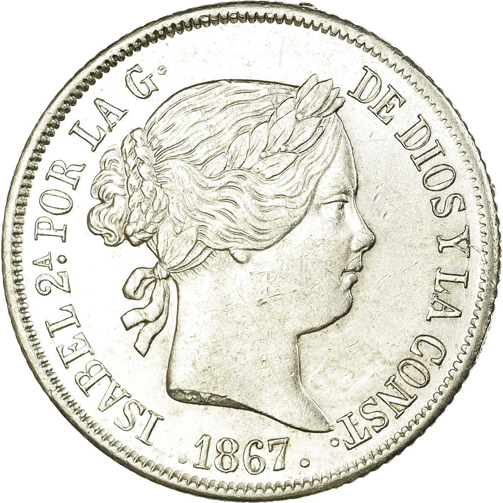 Coin, Spain, Isabel II, 40 Centimos, 1867, Madrid, AU(55-58), Silver, KM:628.2