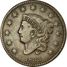 Moneta, USA, Coronet Cent, Cent, 1833, U.S. Mint, Philadelphia, VF(30-35)