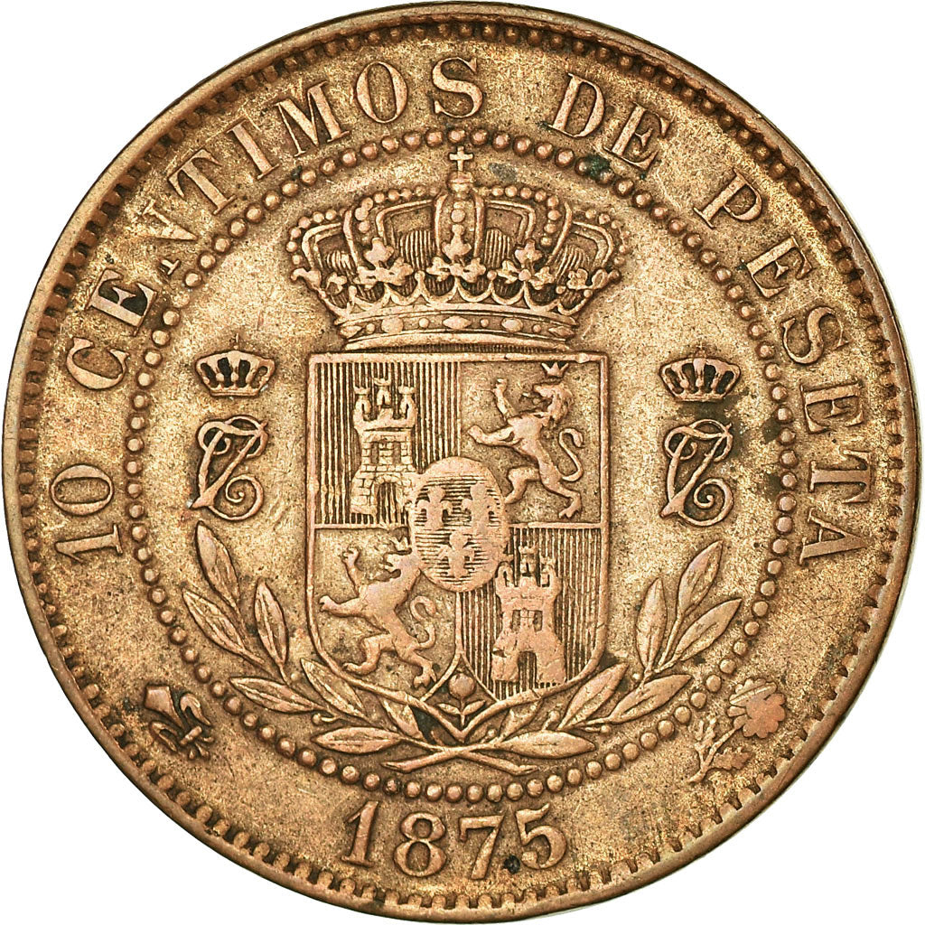 Coin, Spain, Charles VII, 10 Centimos, 1875, Brussels, EF(40-45), Copper, KM:670