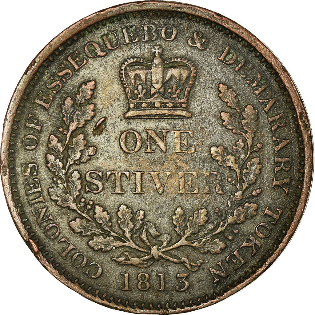 Coin, Guyana, Essequibo & Demerary, George III, Stiver, 1813, EF(40-45), Copper