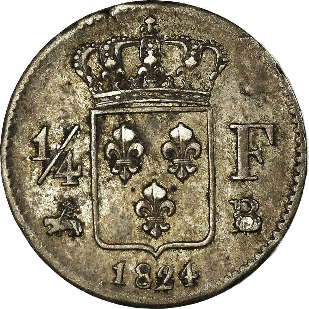 Coin, France, Louis XVIII, 1/4 Franc, 1824, Rouen, AU(50-53), Silver
