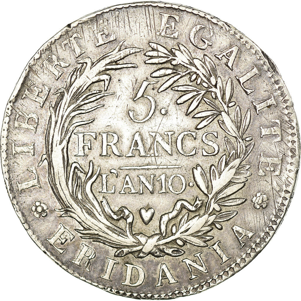 Moeda, ESTADOS ITALIANOS, PIEDMONT REPUBLIC, 5 Francs, An 10, Turin, EF(40-45)