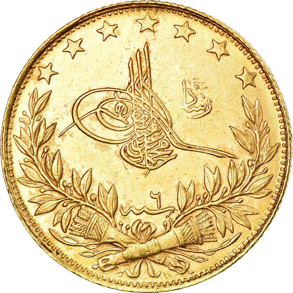 Coin, Turkey, Muhammad V, 100 Kurush, 1914, Qustantiniyah, AU(55-58), Gold