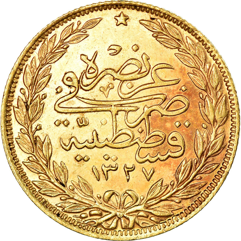 Coin, Turkey, Muhammad V, 100 Kurush, 1914, Qustantiniyah, AU(55-58), Gold