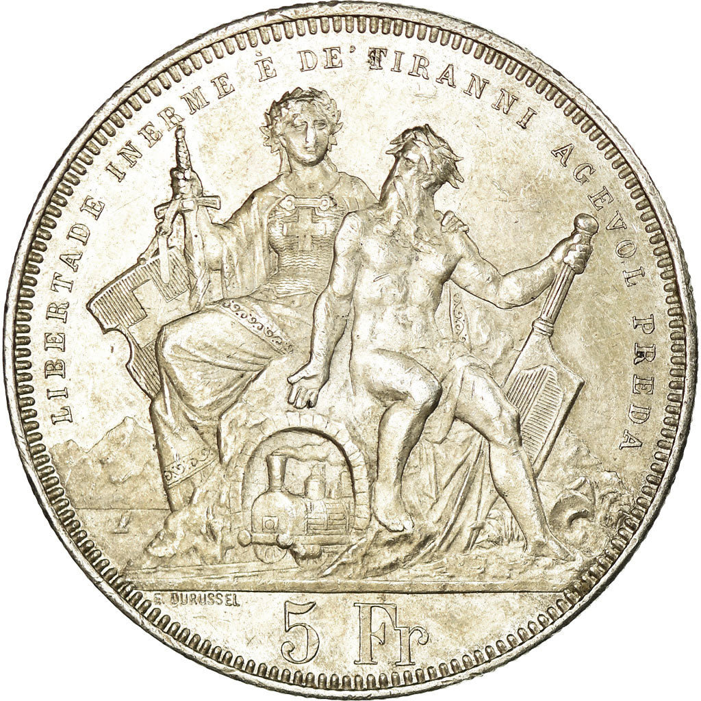 Coin, Switzerland, 5 Francs, 1883, Lugano, AU(50-53), Silver, KM:S16