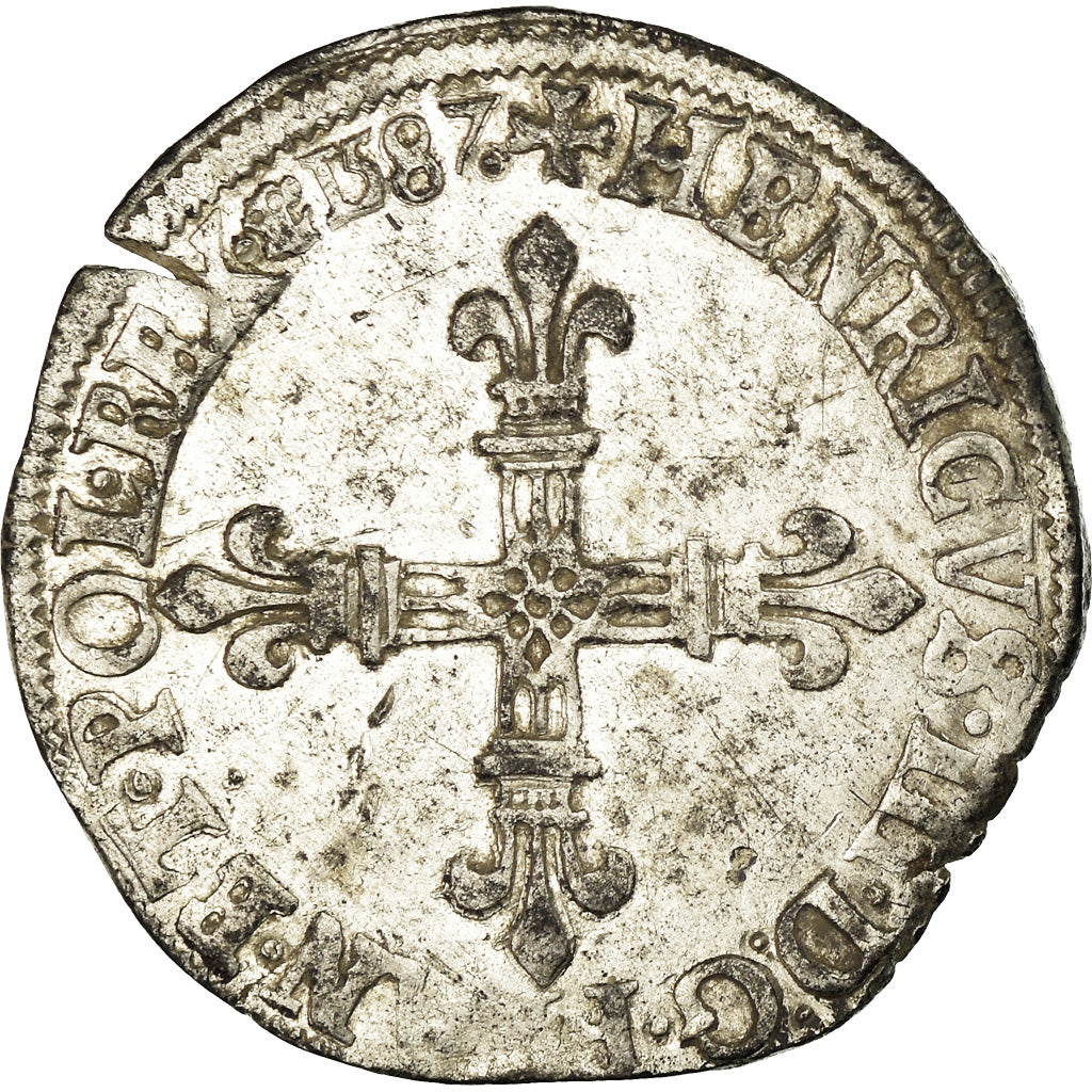 Moeda, França, Henri III, 1/4 Ecu, 1587, Saint Lô, EF(40-45), Prata
