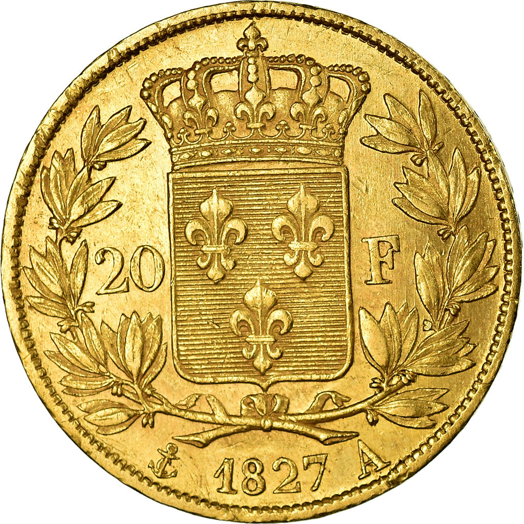 Moneda, Francia, Charles X, 20 Francs, 1827, Paris, MBC+, Oro, KM:726.1