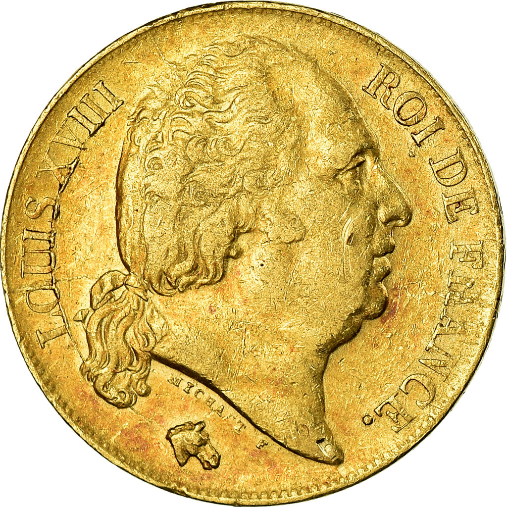 Moneta, Francja, Louis XVIII, 20 Francs, 1818, Lille, EF(40-45), Złoto