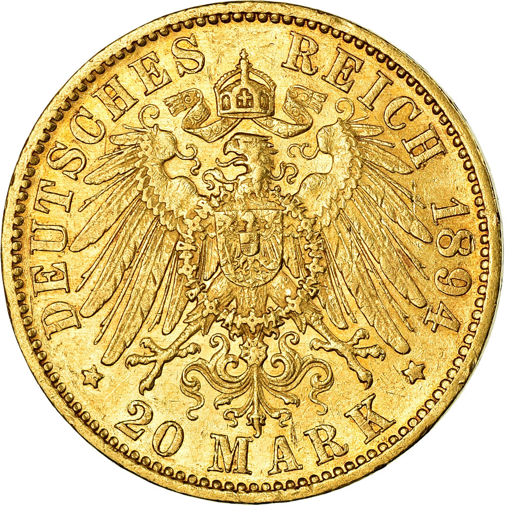 Moneta, Stati tedeschi, PRUSSIA, Wilhelm II, 20 Mark, 1894, Berlin, BB+, Oro