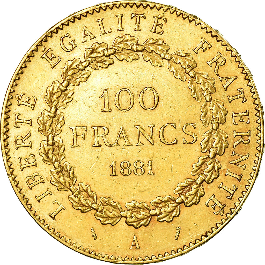 Moneda, Francia, Génie, 100 Francs, 1881, Paris, MBC+, Oro, KM:832