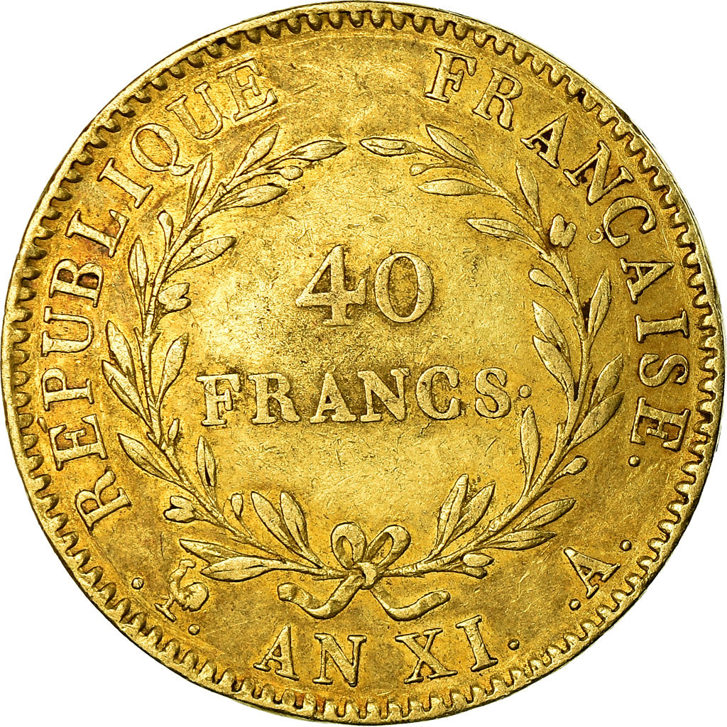 Monnaie, France, Napoléon I, 40 Francs, An XI, Paris, TTB+, Or, Gadoury:1080