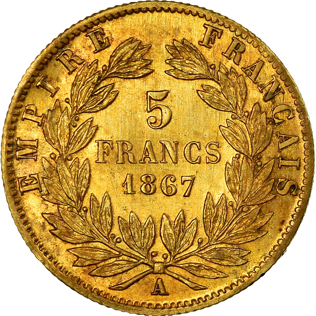 Coin, France, Napoleon III, 5 Francs, 1867, Paris, EF(40-45), Gold