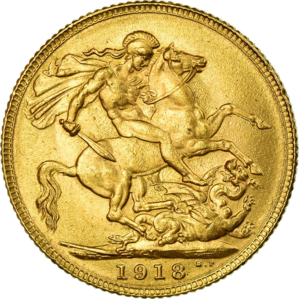 Moneta, INDIE BRYTYJSKIE, George V, Sovereign, 1918, Bombay, AU(50-53), Złoto