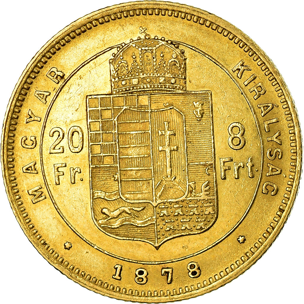 Coin, Hungary, Franz Joseph I, 8 Forint 20 Francs, 1878, AU(55-58), Gold