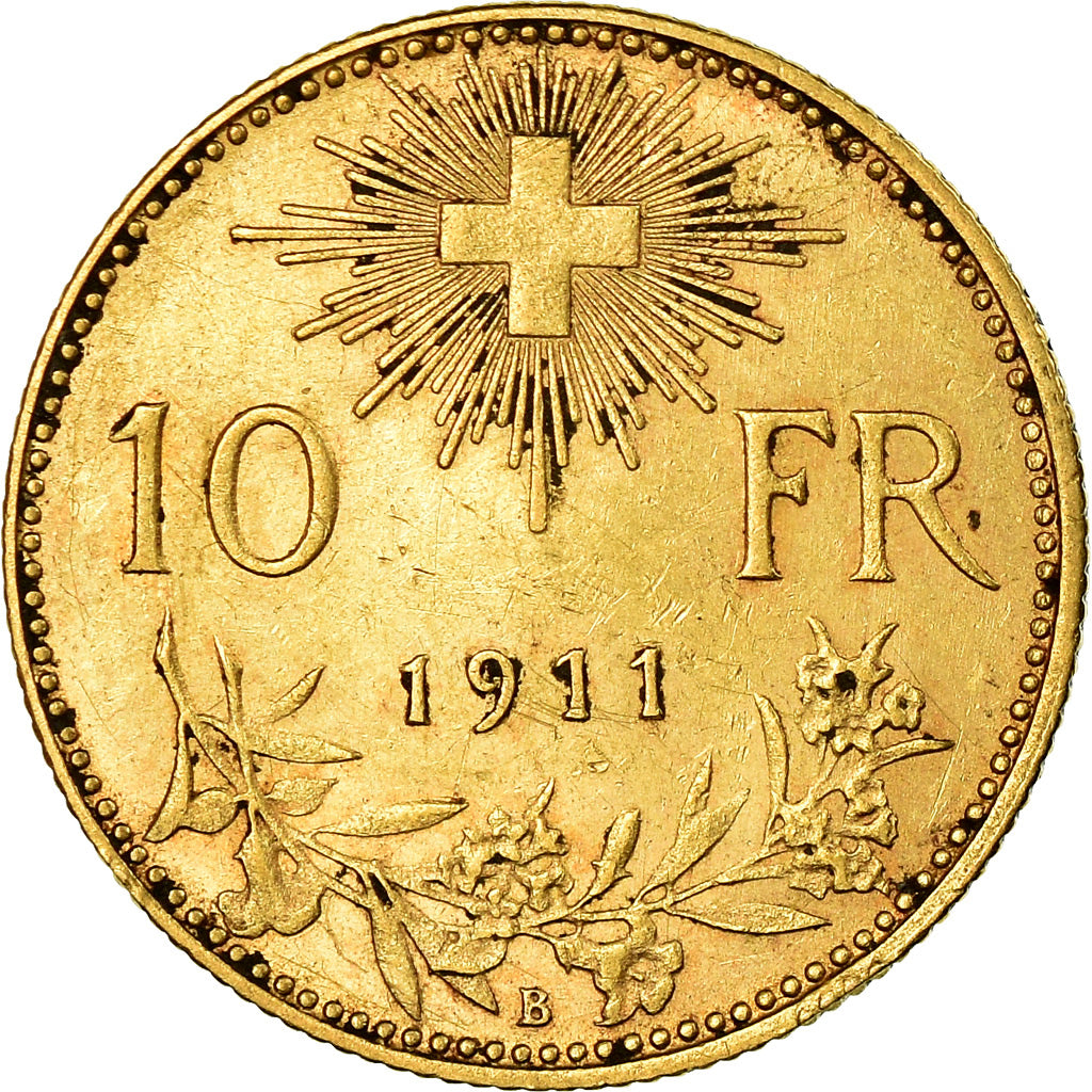 Moneda, Suiza, Vreneli, 10 Francs, 1911, Bern, MBC+, Oro, KM:36