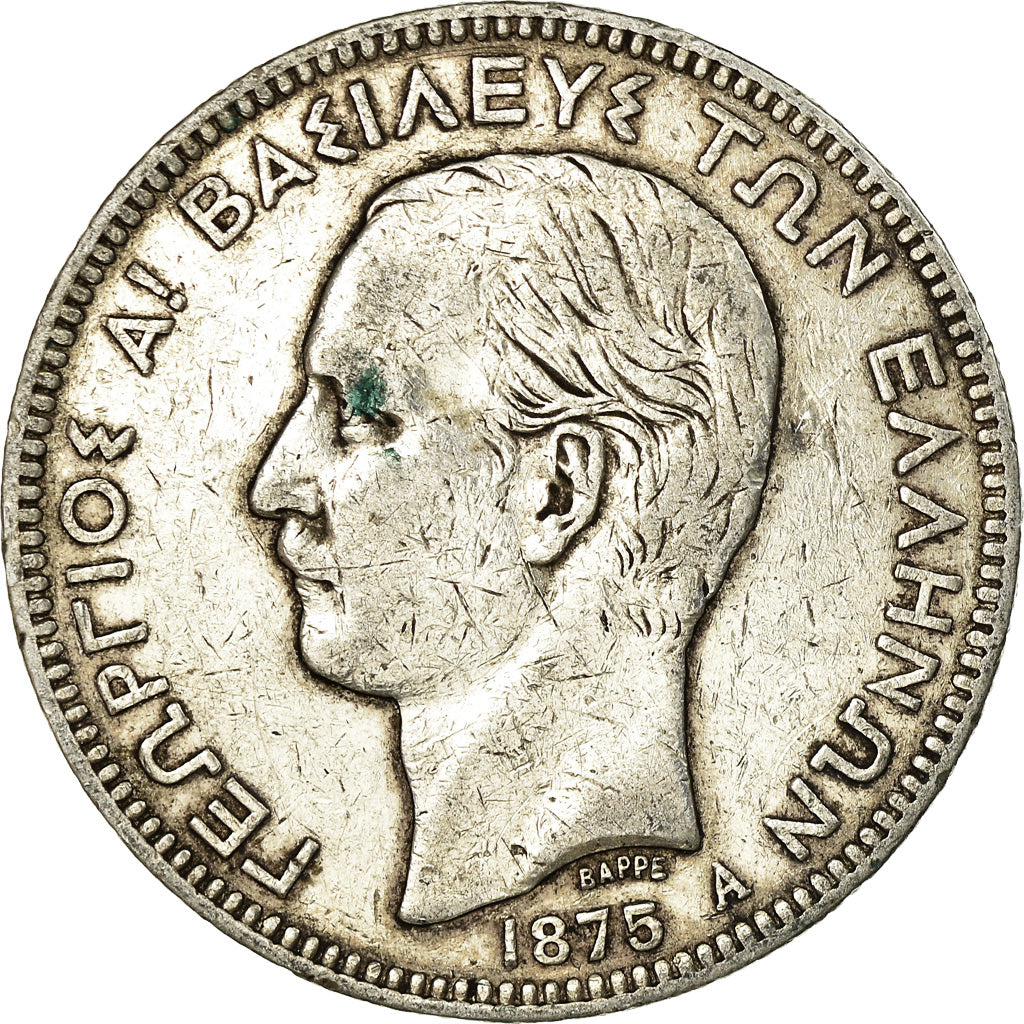 Coin, Greece, George I, 5 Drachmai, 1875, Paris, VF(20-25), Silver, KM:46
