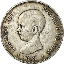 Moneta, Spagna, Alfonso XIII, 5 Pesetas, 1888, Madrid, MB+, Argento, KM:689