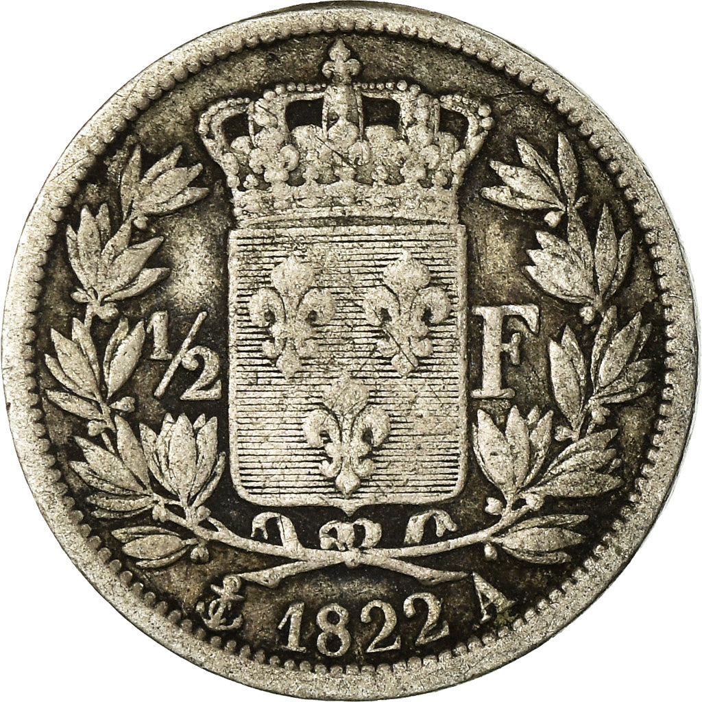 Monnaie, France, Louis XVIII, Louis XVIII, 1/2 Franc, 1822, Paris, TB, Argent