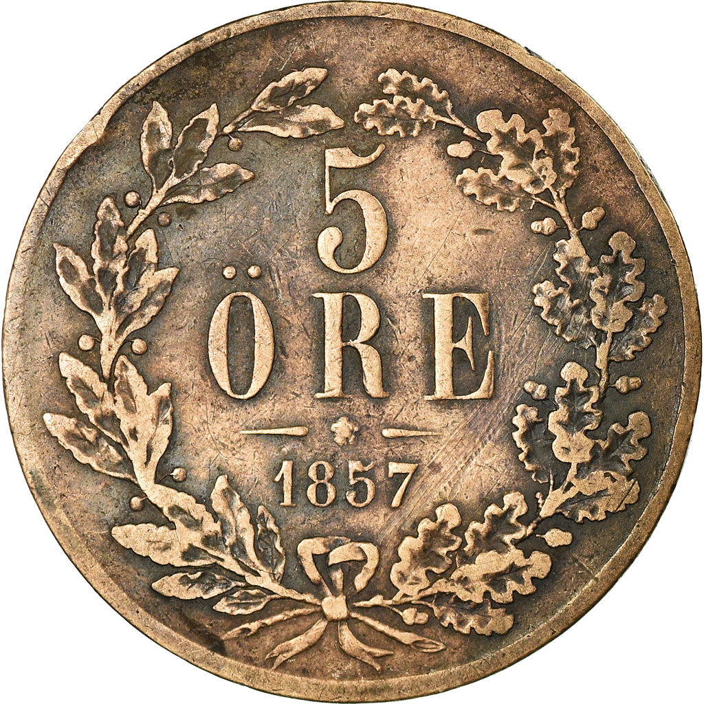 Coin, Sweden, Oscar I, 5 Öre, 1857, VF(30-35), Bronze, KM:690