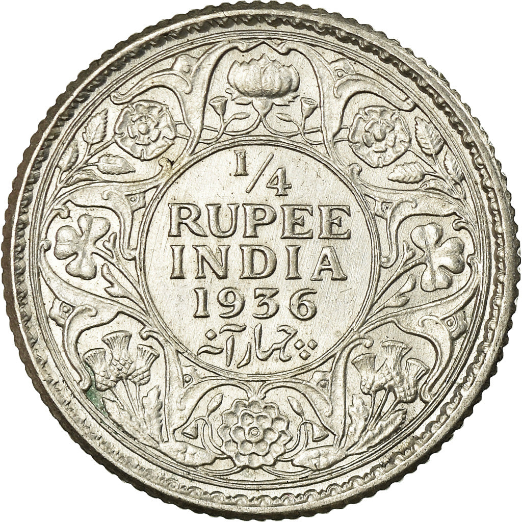 Coin, INDIA-BRITISH, George V, 1/4 Rupee, 1936, AU(50-53), Silver, KM:518