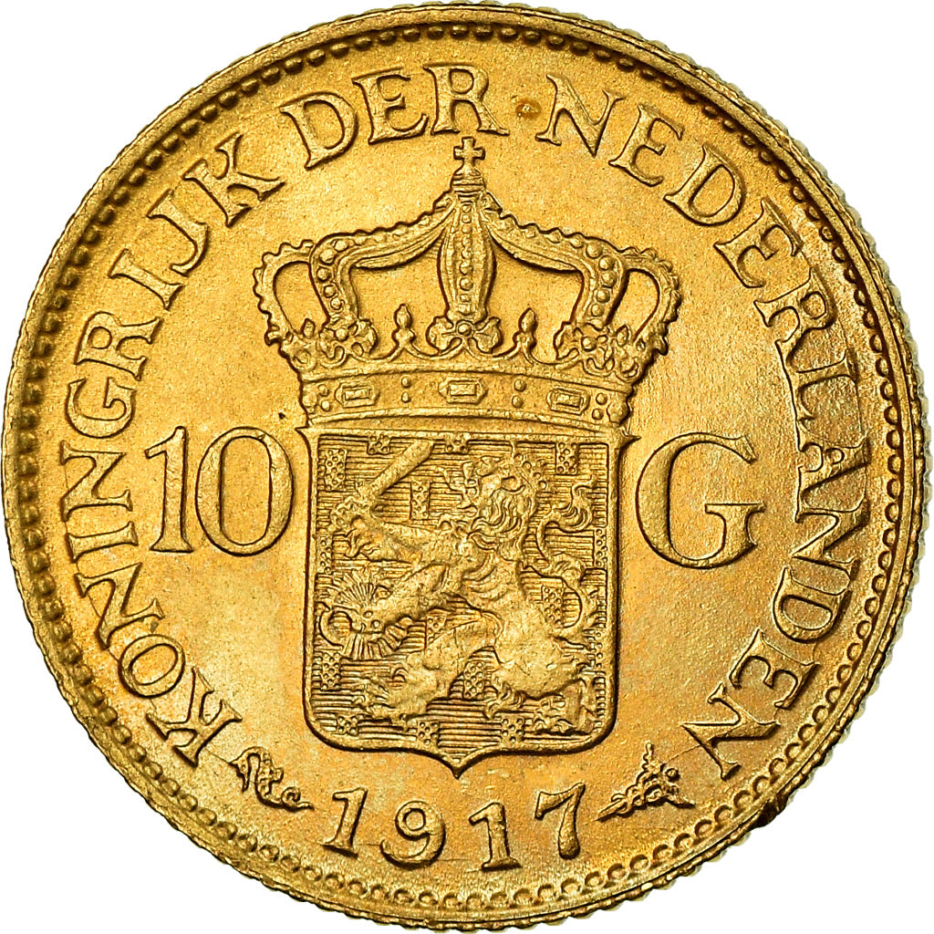 Coin, Netherlands, Wilhelmina I, 10 Gulden, 1917, AU(55-58), Gold, KM:149