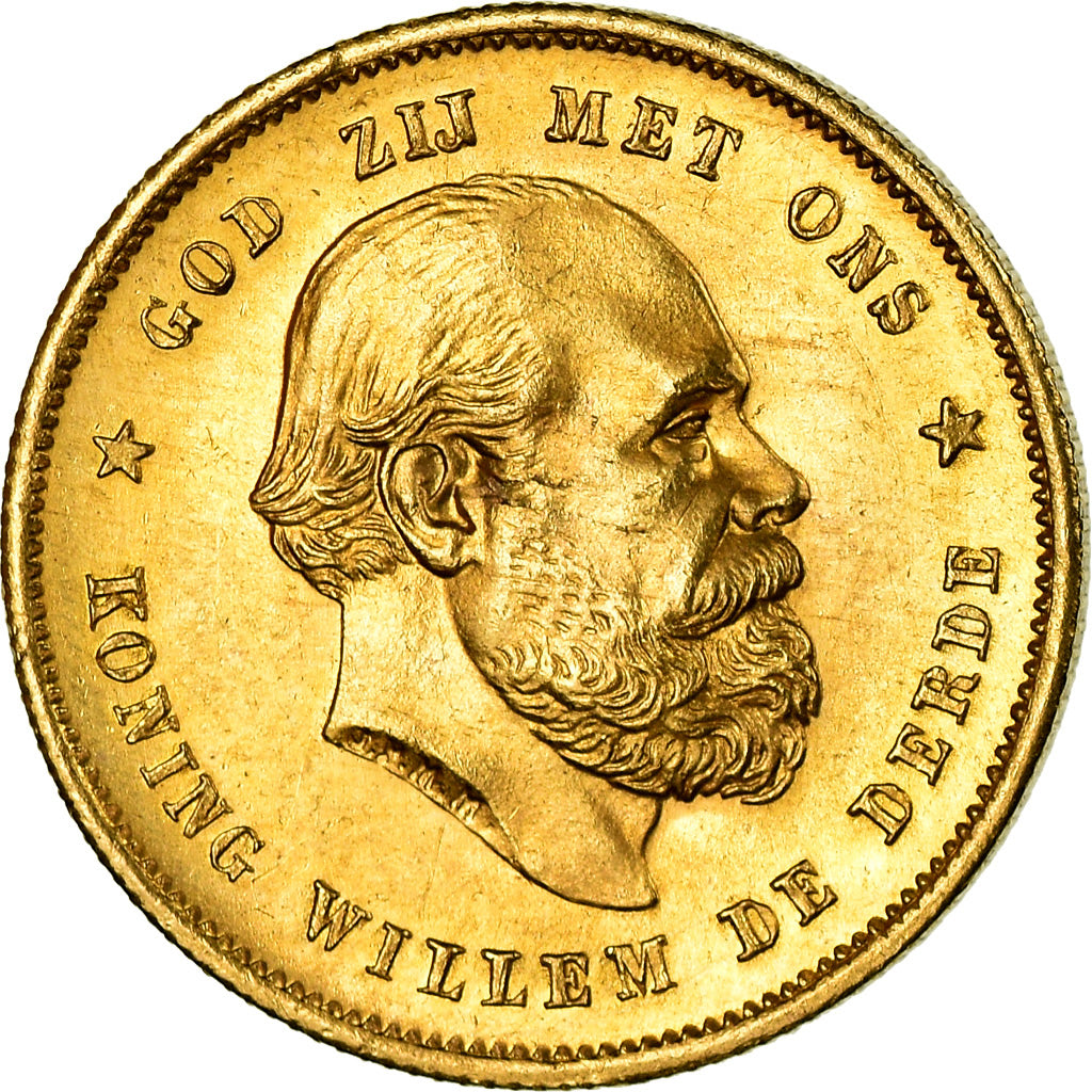 Coin, Netherlands, William III, 10 Gulden, 1889, Utrecht, MS(60-62), Gold