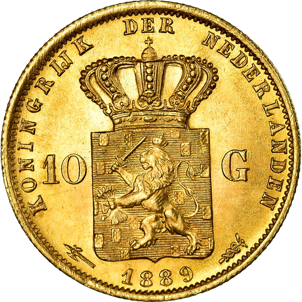 Coin, Netherlands, William III, 10 Gulden, 1889, Utrecht, MS(60-62), Gold
