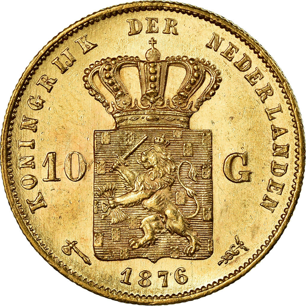 Coin, Netherlands, William III, 10 Gulden, 1876, AU(55-58), Gold, KM:106