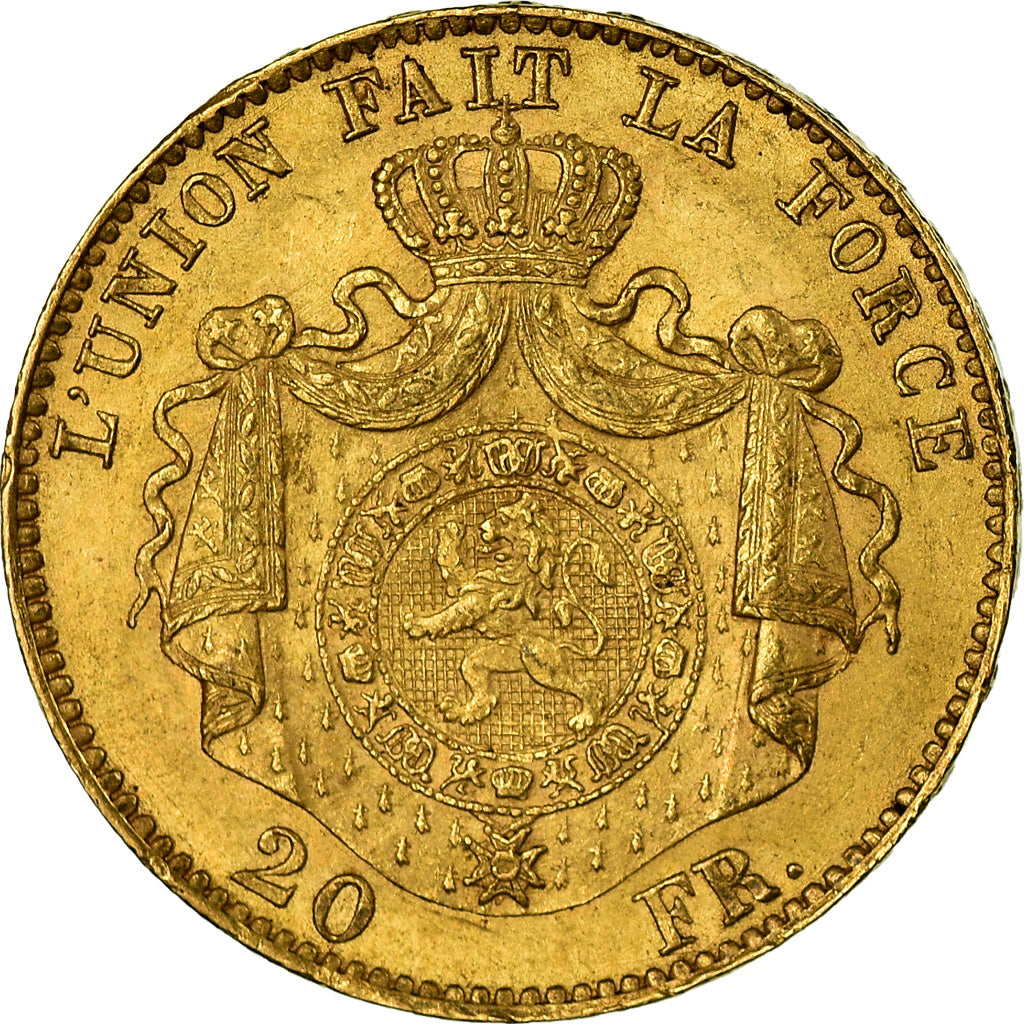 Coin, Belgium, Leopold II, 20 Francs, 20 Frank, 1868, Brussels, AU(55-58), Gold