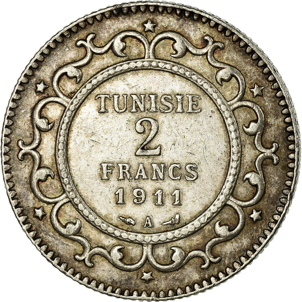 Monnaie, Tunisie, Muhammad al-Nasir Bey, 2 Francs, 1911, Paris, TTB+, Argent