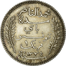 Coin, Tunisia, Muhammad al-Nasir Bey, Franc, 1916, Paris, AU(55-58), Silver