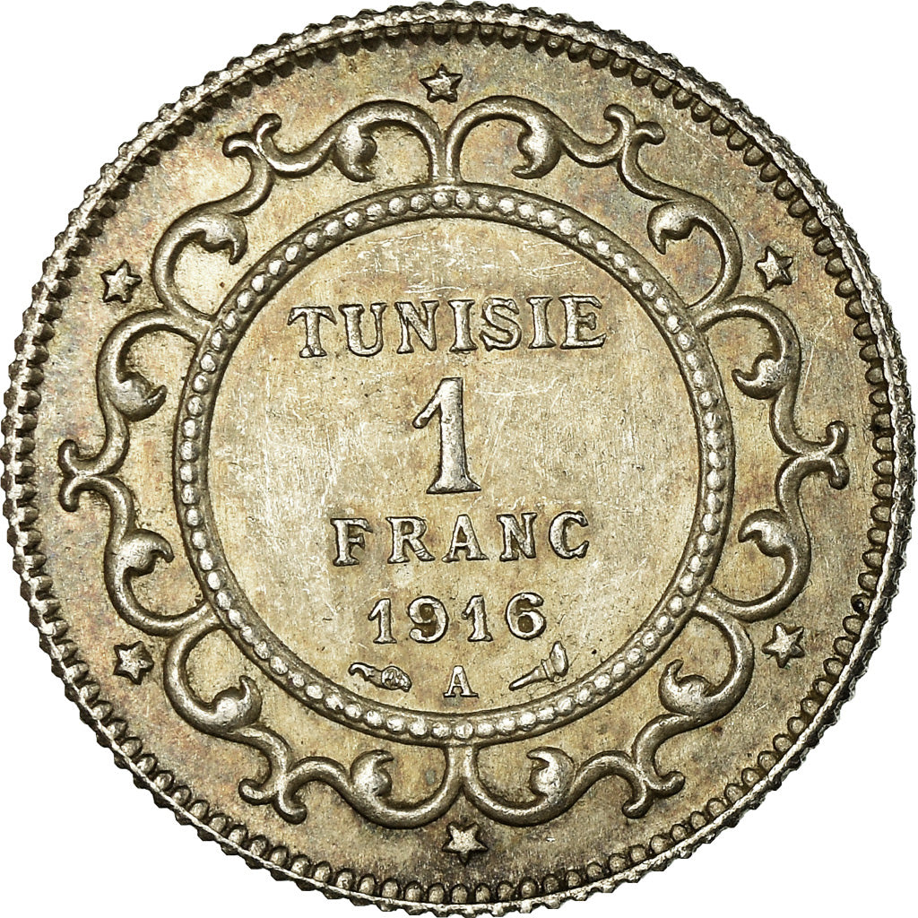 Coin, Tunisia, Muhammad al-Nasir Bey, Franc, 1916, Paris, AU(55-58), Silver