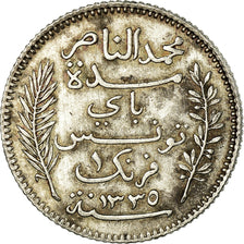 Coin, Tunisia, Muhammad al-Nasir Bey, Franc, 1917, Paris, AU(50-53), Silver